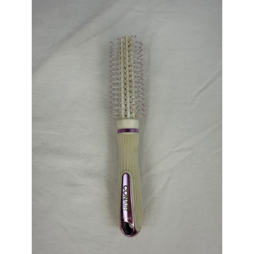 Vintage Conair Round Hair Brush Cream Purple Ball Tip Bristles 8 Inch